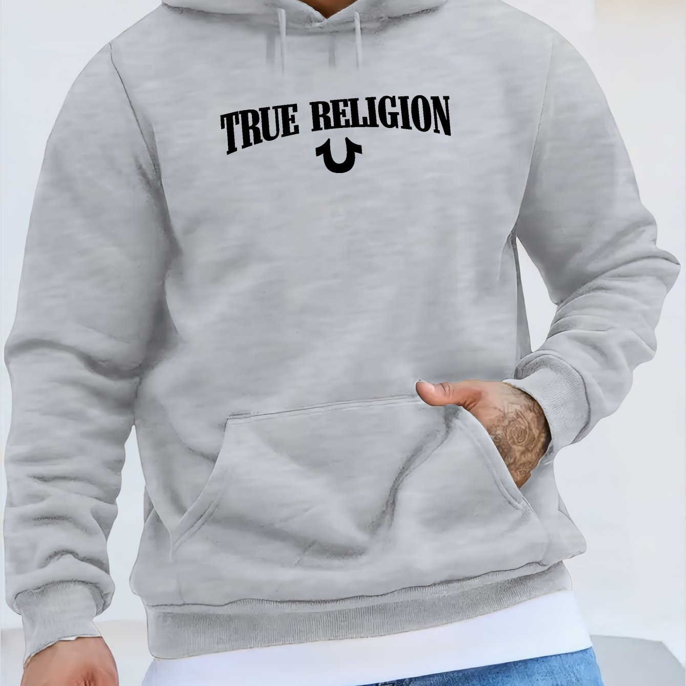TRUE RELIGION Print Hoodies For Men, Graphic Hoodie With Kangaroo Pocket, Comfy Loose Trendy Hooded Pullover, Mens Clothing For Autumn Winter