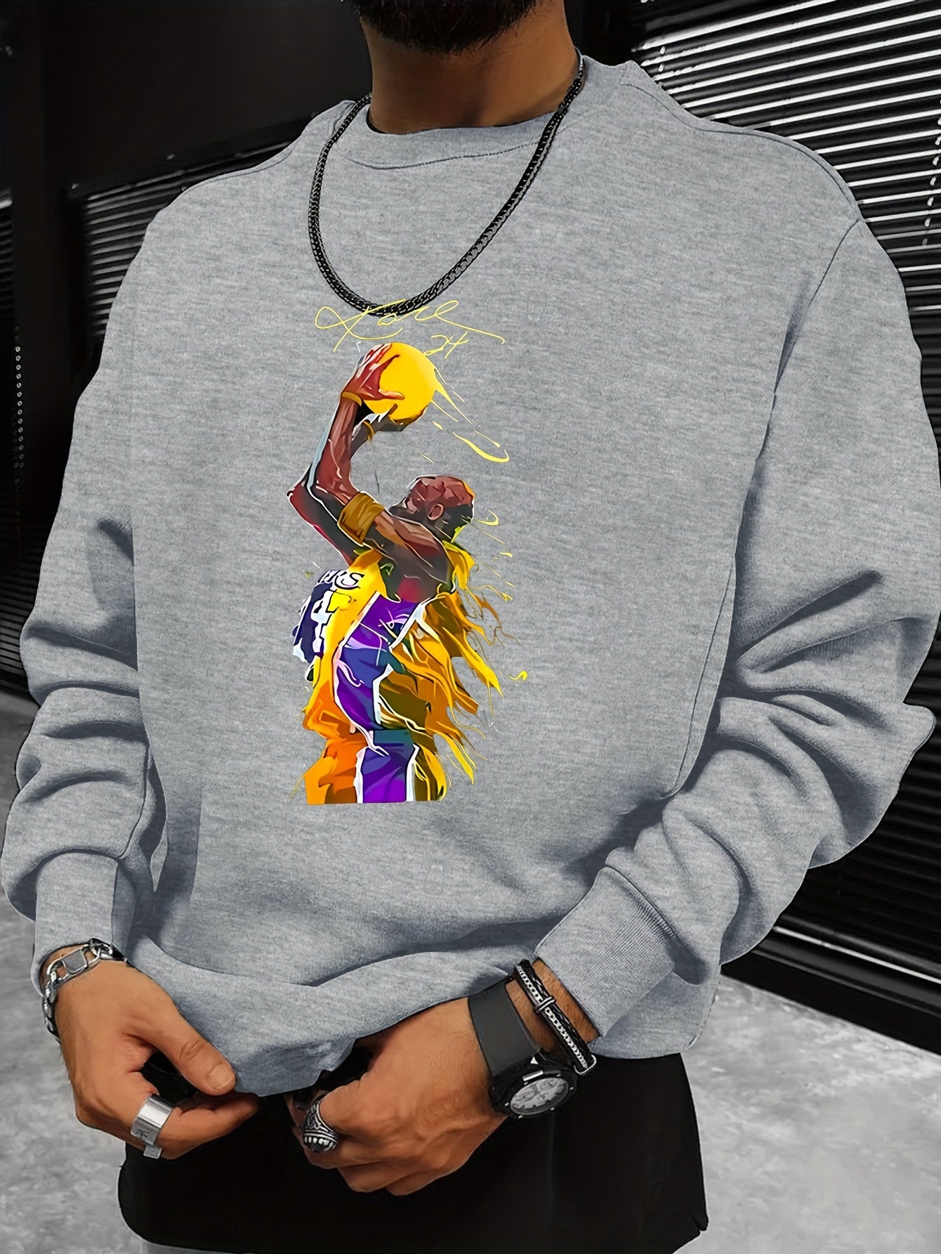 Fashionable Men's Casual Basketball Player Pattern Print,Long Sleeve Round Neck Pullover Sweatshirt,Suitable For Outdoor Sports,For Autumn And Winter,Can Be Paired With Hip-hop Necklace,As Gifts