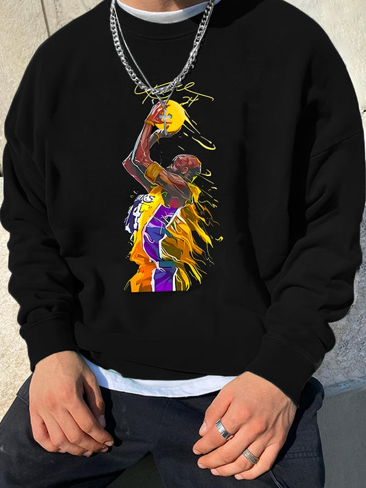 Fashionable Men's Casual Basketball Player Pattern Print,Long Sleeve Round Neck Pullover Sweatshirt,Suitable For Outdoor Sports,For Autumn And Winter,Can Be Paired With Hip-hop Necklace,As Gifts